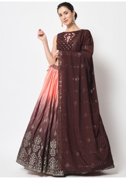 Peach & Chocolate Chinon Silk Designer  Lehenga 